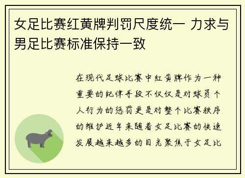 女足比赛红黄牌判罚尺度统一 力求与男足比赛标准保持一致
